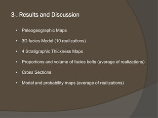 •PaleogeographicMaps 
•3D facies Model(10 realizations) 
•4 StratigraphicThicknessMaps 
•Proportionsand volumeof facies belts(averageof realizations) 
•Cross Sections 
•Modeland probabilitymaps(averageof realizations) 
3-. Resultsand Discussion  