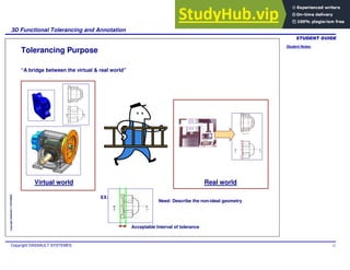 Student Notes:
3D Functional Tolerancing and Annotation
Copyright DASSAULT SYSTEMES 12
Copyright
DASSAULT
SYSTEMES
Tolerancing Purpose
“A bridge between the virtual & real world”
Virtual world
Need: Describe the non-ideal geometry
EX:
Acceptable Interval of tolerance
Real world
 