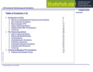 Student Notes:
3D Functional Tolerancing and Annotation
Copyright DASSAULT SYSTEMES 3
Copyright
DASSAULT
SYSTEMES
Table of Contents (1/3)
Introduction to FT&A 6
Why do we need Geometrical Tolerances and Annotations 7
How to Generate Annotations 8
Basic Concepts of FTA 10
Unique Tolerancing Channel 16
Getting Familiar With FTA Workbench 24
To Sum Up 29
The Tolerancing Advisor 30
What is Tolerancing Advisor 31
Different ISO Standards Rules 32
Creating Datums 37
Creating Semantic Annotations 45
N Elements Tolerancing 54
Creating Non-Semantic Annotations 62
Creating Framed Dimensions 67
To Sum Up 73
Creating & Managing FTA Annotations 74
Creating View/Annotation Planes 75
 