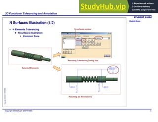 Student Notes:
3D Functional Tolerancing and Annotation
Copyright DASSAULT SYSTEMES 56
Copyright
DASSAULT
SYSTEMES
N Surfaces Illustration (1/2)
N Elements Tolerancing
N surfaces illustration:
Common Zone
Selected Elements
Resulting Tolerancing Dialog Box
Resulting 3D Annotations
N surfaces symbol
 