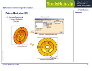 Student Notes:
3D Functional Tolerancing and Annotation
Copyright DASSAULT SYSTEMES 59
Copyright
DASSAULT
SYSTEMES
Pattern Illustration (1/3)
N Elements Tolerancing
Pattern illustration:
Example
Selected Elements
Resulting Tolerancing Dialog Box
Pattern symbol
Resulting 3D Annotations
 