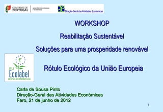 WORKSHOP
                   Reabilitação Sustentável
        Soluções para uma prosperidade renovável

            Rótulo Ecológico da União Europeia

Carla de Sousa Pinto
Direção-Geral das Atividades Económicas
Faro, 21 de junho de 2012
                                                 1
 