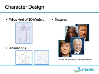 Character Design

●   What kind of 3D Models   ●   Textures




●   Animations


                                   Source: the Web pages of the respective party
 
