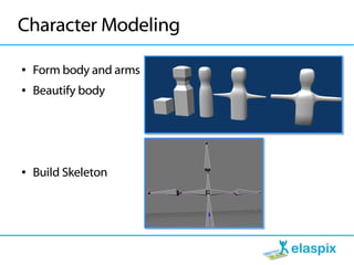 Character Modeling

●   Form body and arms
●   Beautify body




●   Build Skeleton
 
