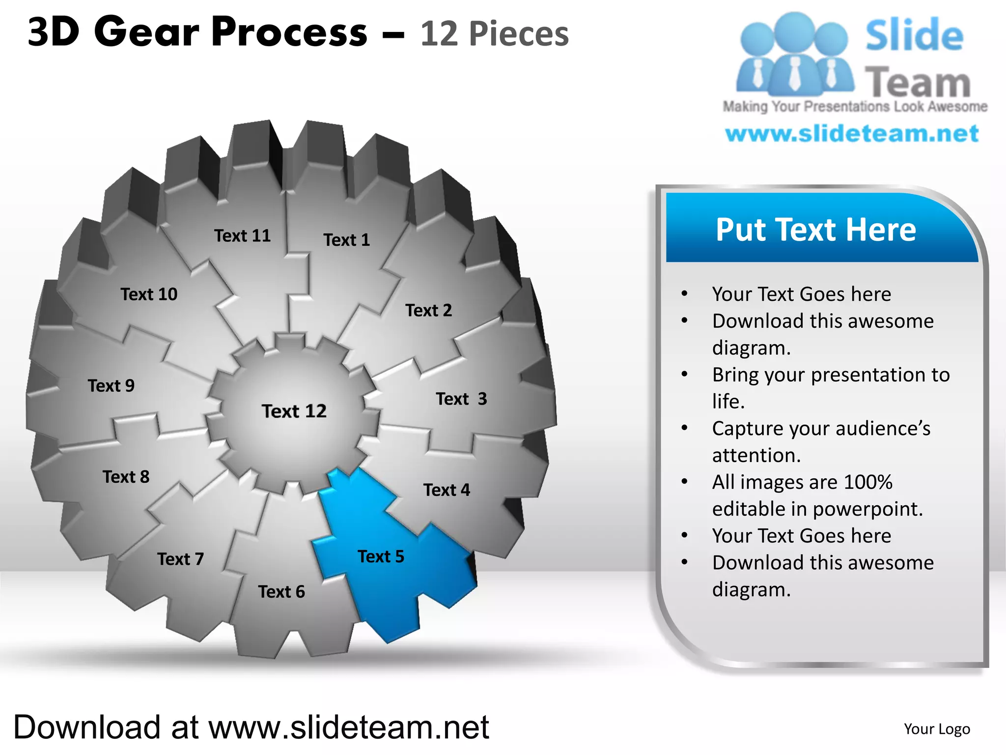 3D Gear Process – 12 Pieces



                       Text 11       Text 1                       Put Text Here
        Text 10                                               •   Your Text Goes here
                                                  Text 2
                                                              •   Download this awesome
                                                                  diagram.
    Text 9
                                                              •   Bring your presentation to
                                                     Text 3       life.
                                                              •   Capture your audience’s
                                                                  attention.
     Text 8                                                   •   All images are 100%
                                                    Text 4
                                                                  editable in powerpoint.
                                                              •   Your Text Goes here
              Text 7                     Text 5               •   Download this awesome
                            Text 6                                diagram.




Download at www.slideteam.net                                                         Your Logo
 