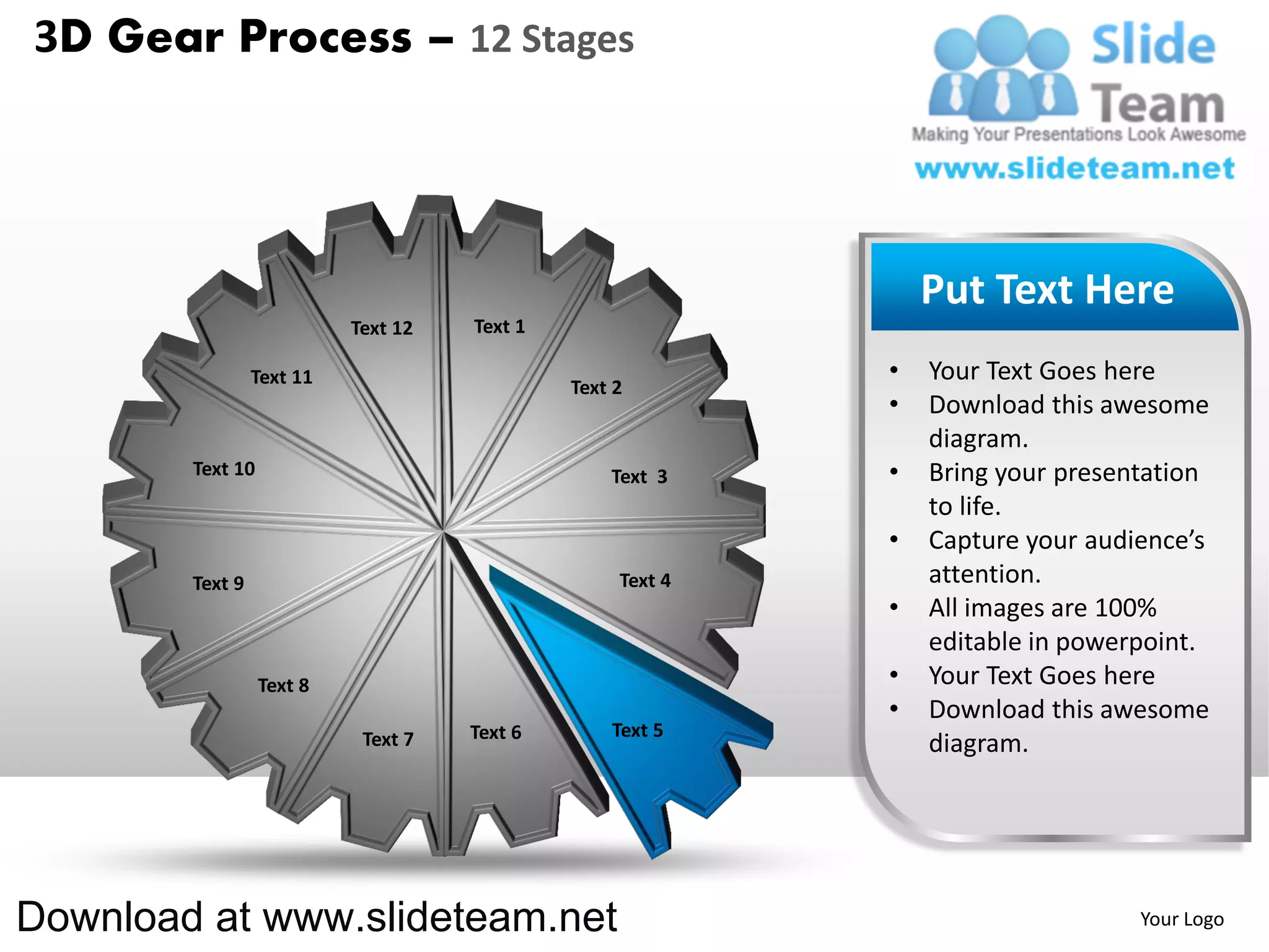 3D Gear Process – 12 Stages




                                                                Put Text Here
                           Text 12   Text 1

                 Text 11                                    •   Your Text Goes here
                                              Text 2
                                                            •   Download this awesome
                                                                diagram.
        Text 10                                   Text 3    •   Bring your presentation
                                                                to life.
                                                            •   Capture your audience’s
        Text 9                                     Text 4       attention.
                                                            •   All images are 100%
                                                                editable in powerpoint.
                  Text 8                                    •   Your Text Goes here
                                                            •   Download this awesome
                            Text 7   Text 6       Text 5
                                                                diagram.




Download at www.slideteam.net                                                    Your Logo
 