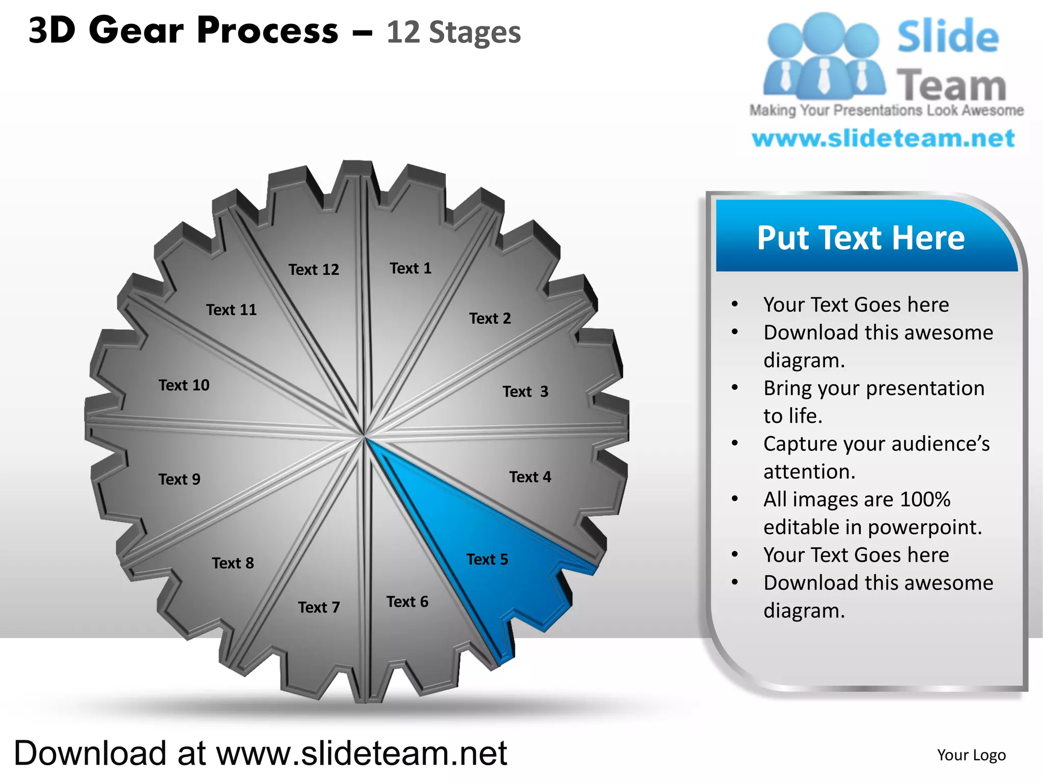 3D Gear Process – 12 Stages




                                                                    Put Text Here
                           Text 12   Text 1

                 Text 11                                        •   Your Text Goes here
                                              Text 2
                                                                •   Download this awesome
                                                                    diagram.
        Text 10                                    Text 3       •   Bring your presentation
                                                                    to life.
                                                                •   Capture your audience’s
        Text 9                                         Text 4       attention.
                                                                •   All images are 100%
                                                                    editable in powerpoint.
                  Text 8                      Text 5            •   Your Text Goes here
                                                                •   Download this awesome
                            Text 7   Text 6
                                                                    diagram.




Download at www.slideteam.net                                                        Your Logo
 