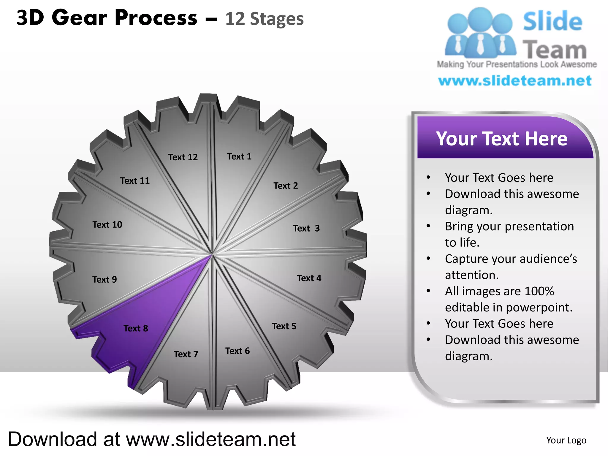 3D Gear Process – 12 Stages




                                                                    Your Text Here
                           Text 12   Text 1

                 Text 11                                        •   Your Text Goes here
                                              Text 2
                                                                •   Download this awesome
                                                                    diagram.
        Text 10                                    Text 3       •   Bring your presentation
                                                                    to life.
                                                                •   Capture your audience’s
        Text 9                                         Text 4       attention.
                                                                •   All images are 100%
                                                                    editable in powerpoint.
                  Text 8                      Text 5            •   Your Text Goes here
                                                                •   Download this awesome
                            Text 7   Text 6
                                                                    diagram.




Download at www.slideteam.net                                                        Your Logo
 
