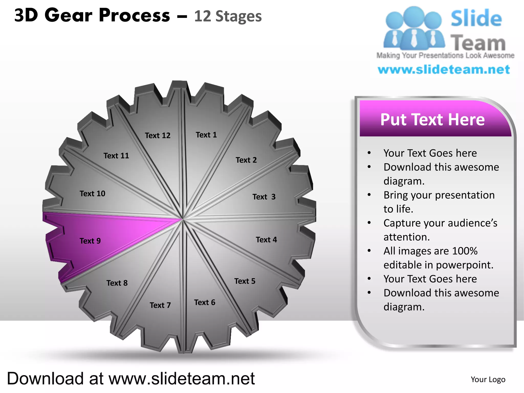 3D Gear Process – 12 Stages




                                                                    Put Text Here
                           Text 12   Text 1

                 Text 11                                        •   Your Text Goes here
                                              Text 2
                                                                •   Download this awesome
                                                                    diagram.
        Text 10                                    Text 3       •   Bring your presentation
                                                                    to life.
                                                                •   Capture your audience’s
        Text 9                                         Text 4       attention.
                                                                •   All images are 100%
                                                                    editable in powerpoint.
                  Text 8                      Text 5            •   Your Text Goes here
                                                                •   Download this awesome
                            Text 7   Text 6
                                                                    diagram.




Download at www.slideteam.net                                                        Your Logo
 