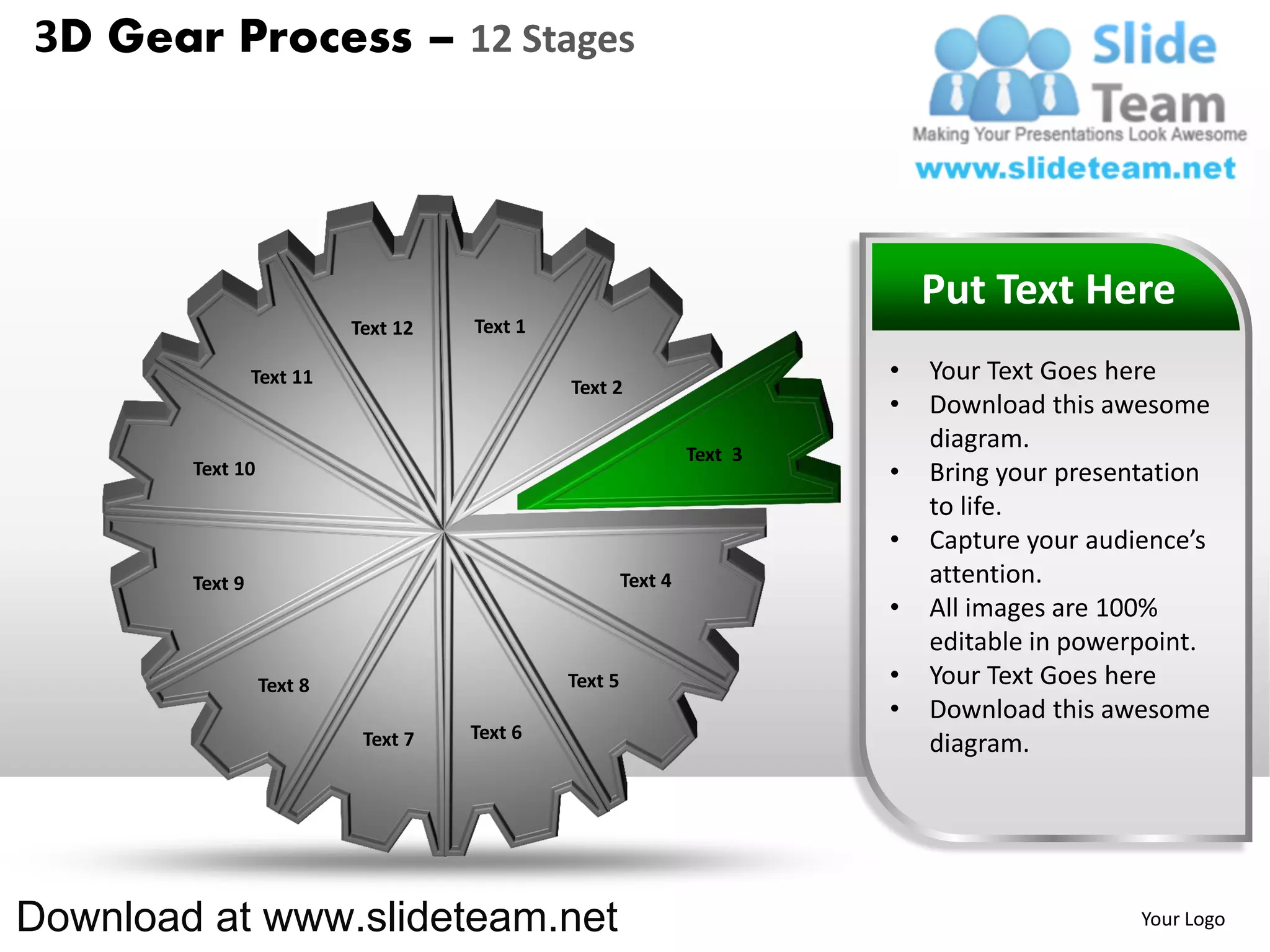 3D Gear Process – 12 Stages




                                                                             Put Text Here
                           Text 12   Text 1

                 Text 11                                                 •   Your Text Goes here
                                              Text 2
                                                                         •   Download this awesome
                                                                Text 3
                                                                             diagram.
        Text 10                                                          •   Bring your presentation
                                                                             to life.
                                                                         •   Capture your audience’s
        Text 9                                         Text 4                attention.
                                                                         •   All images are 100%
                                                                             editable in powerpoint.
                  Text 8                      Text 5                     •   Your Text Goes here
                                                                         •   Download this awesome
                            Text 7   Text 6
                                                                             diagram.




Download at www.slideteam.net                                                                 Your Logo
 