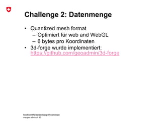 Bundesamt für Landestopografie swisstopo
map.geo.admin.ch 3D
Challenge 2: Datenmenge
• Quantized mesh format
– Optimiert für web and WebGL
– 6 bytes pro Koordinaten
• 3d-forge wurde implementiert:
https://github.com/geoadmin/3d-forge
 