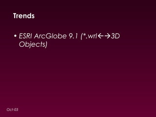 Trends 
• ESRI ArcGlobe 9.1 (*.wrl3D 
Objects) 
Oct-03 
 