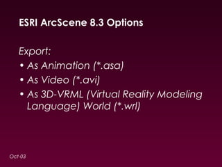 ESRI ArcScene 8.3 Options 
Export: 
• As Animation (*.asa) 
• As Video (*.avi) 
• As 3D-VRML (Virtual Reality Modeling 
Language) World (*.wrl) 
Oct-03 
 