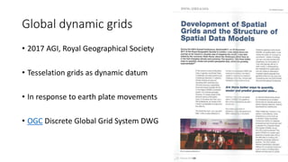 Global dynamic grids
• 2017 AGI, Royal Geographical Society
• Tesselation grids as dynamic datum
• In response to earth plate movements
• OGC Discrete Global Grid System DWG