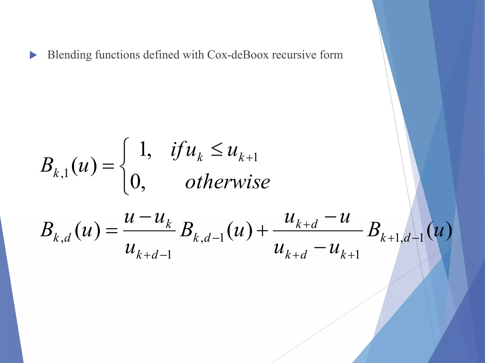  Blending functions defined with Cox-deBoox recursive form
)()()(
,0
,1
)(
1,1
1
1,
1
,
1
1,
uB
uu
uu
uB
u
uu
uB
otherwise
uuif
uB
dk
kdk
dk
dk
dk
k
dk
kk
k













 

 
