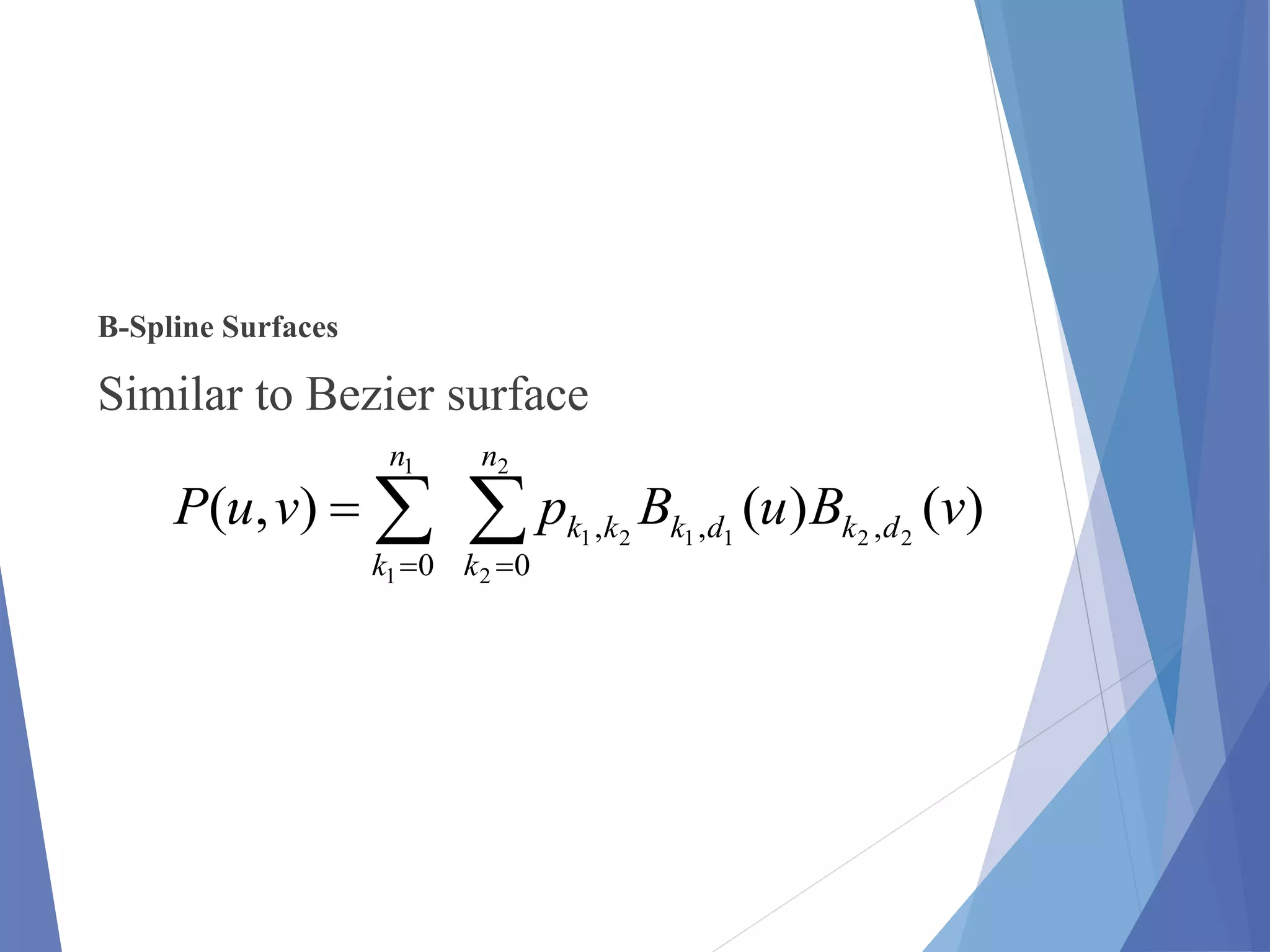 B-Spline Surfaces
Similar to Bezier surface
 

2
2
221121
1
1 0
,,,
0
)()(),(
n
k
dkdkkk
n
k
vBuBpvuP
 