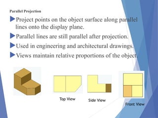 Parallel Projection
Project points on the object surface along parallel
lines onto the display plane.
Parallel lines are still parallel after projection.
Used in engineering and architectural drawings.
Views maintain relative proportions of the object.
Top View Side View
Front View
 