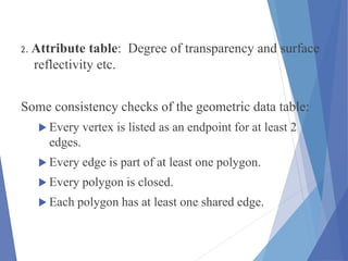 2. Attribute table: Degree of transparency and surface
reflectivity etc.
Some consistency checks of the geometric data table:
 Every vertex is listed as an endpoint for at least 2
edges.
 Every edge is part of at least one polygon.
 Every polygon is closed.
 Each polygon has at least one shared edge.
 