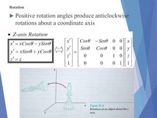 Rotation
 Positive rotation angles produce anticlockwise
rotations about a coordinate axis
 