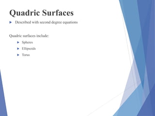 Quadric Surfaces
 Described with second degree equations
Quadric surfaces include:
 Spheres
 Ellipsoids
 Torus
 