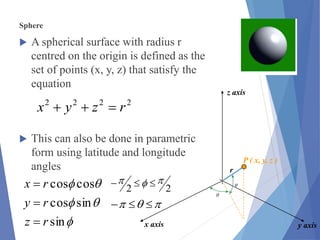 Sphere
 A spherical surface with radius r
centred on the origin is defined as the
set of points (x, y, z) that satisfy the
equation
 This can also be done in parametric
form using latitude and longitude
angles
2222
rzyx 



sin
sincos
coscos
rz
ry
rx


 22
 
 
y axis
z axis
x axis
P ( x, y, z )
θ
φ
r
 