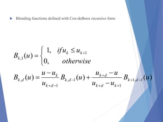  Blending functions defined with Cox-deBoox recursive form
)()()(
,0
,1
)(
1,1
1
1,
1
,
1
1,
uB
uu
uu
uB
u
uu
uB
otherwise
uuif
uB
dk
kdk
dk
dk
dk
k
dk
kk
k













 

 
