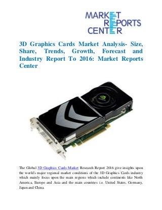 3D Graphics Cards Market Analysis- Size,
Share, Trends, Growth, Forecast and
Industry Report To 2016: Market Reports
Center
The Global 3D Graphics Cards Market Research Report 2016 give insights upon
the world's major regional market conditions of the 3D Graphics Cards industry
which mainly focus upon the main regions which include continents like North
America, Europe and Asia and the main countries i.e. United States, Germany,
Japan and China.
 