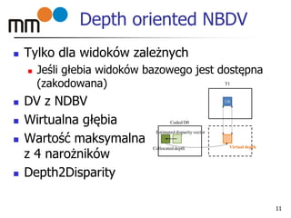Depth oriented NBDV
 Tylko dla widoków zależnych
 Jeśli głebia widoków bazowego jest dostępna
(zakodowana)
 DV z NDBV
 Wirtualna głębia
 Wartość maksymalna
z 4 narożników
 Depth2Disparity
11
CB
T1
Coded D0
Collocated depth
Estimated disparity vector
Virtual depth
 