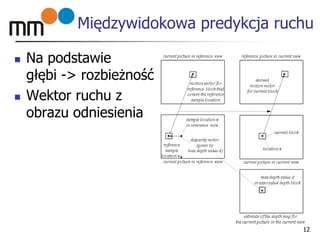 Międzywidokowa predykcja ruchu
 Na podstawie
głębi -> rozbieżność
 Wektor ruchu z
obrazu odniesienia
12
 