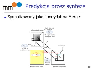 Predykcja przez synteze
 Sygnalizowany jako kandydat na Merge
18Reference texture picture Dependent texture picture
Reference depth picture
Step 1
DV from the
neighboring block
Step 2
DV copied from the
neighboring block
Depth block used
for BVSP
Current block
Step 3
Backward
warping
 