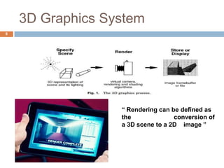 3D Graphics System
“ Rendering can be defined as
the conversion of
a 3D scene to a 2D image ”
8
 
