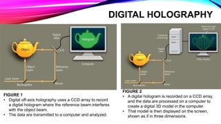 DIGITAL HOLOGRAPHY
FIGURE 1
• Digital off-axis holography uses a CCD array to record
a digital hologram where the reference beam interferes
with the object beam.
• The data are transmitted to a computer and analyzed.
FIGURE 2
• A digital hologram is recorded on a CCD array,
and the data are processed on a computer to
create a digital 3D model in the computer.
• That model is then displayed on the screen,
shown as if in three dimensions.
 