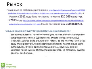 Рынок
По данным из свободных источников, http://www.bolshoyvopros.ru/questions/238590-
skolko-kvartir-bylo-postroeno-v-rossii-v-2012-godu.html, http://www.sdelanounas.ru/blogs/41550/ , в
России в 2012 году было построено не менее 820 000 квартир.
В 2013 году (http://stroi.mos.ru/news/minregionrazvitiya-otmetil-vysokii-rost-ekonomicheskih-
pokazatelei-stroitelnoi-otrasli-v-2013-godu ) было построено 912 100 квартир.
Сколько компаний будут готовы платить за наше решение?
Все готовы платить, потому что они уже платят, но сейчас получают
устаревшие статичные 2Д картинки, вместо интерактивных 3Д
моделей. Другое дело сколько они готовы за это платить? Сейчас за
одну планировку обычной квартиры компании платят около 1500 -
2000 рублей. В то же время гипермаркетам, крупным бизнес
центрам также нужны 3Д модели их объектов, но там цены будут в
десятки раз больше.
.
 