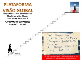 Leia com atenção as dicas e comentários deste 3º dia.
Aproveite-a ao máximo e bom dia de trabalho!
Você está no1º mês de trabalho da
Plataforma Visão Global.
Tema central deste mês é:
PLANEJAMENTO ESTRATÉGICO
OBJETIVOS E METAS
Esse é seu 3º dia
de atividades.
 