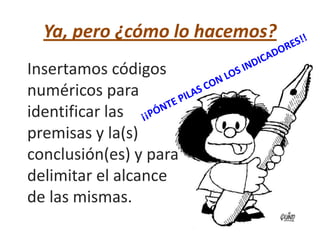 Ya, pero ¿cómo lo hacemos?
Insertamos códigos
numéricos para
identificar las
premisas y la(s)
conclusión(es) y para
delimitar el alcance
de las mismas.
 