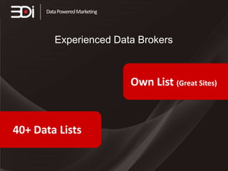 Data Powered Marketing




         Experienced Data Brokers



                               Own List (Great Sites)


40+ Data Lists
 