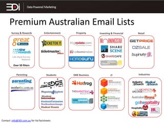 Premium Australian Email Lists
Survey & Rewards

Entertainment

Property

Investing & Financial

SME Business

IT

Retail
...