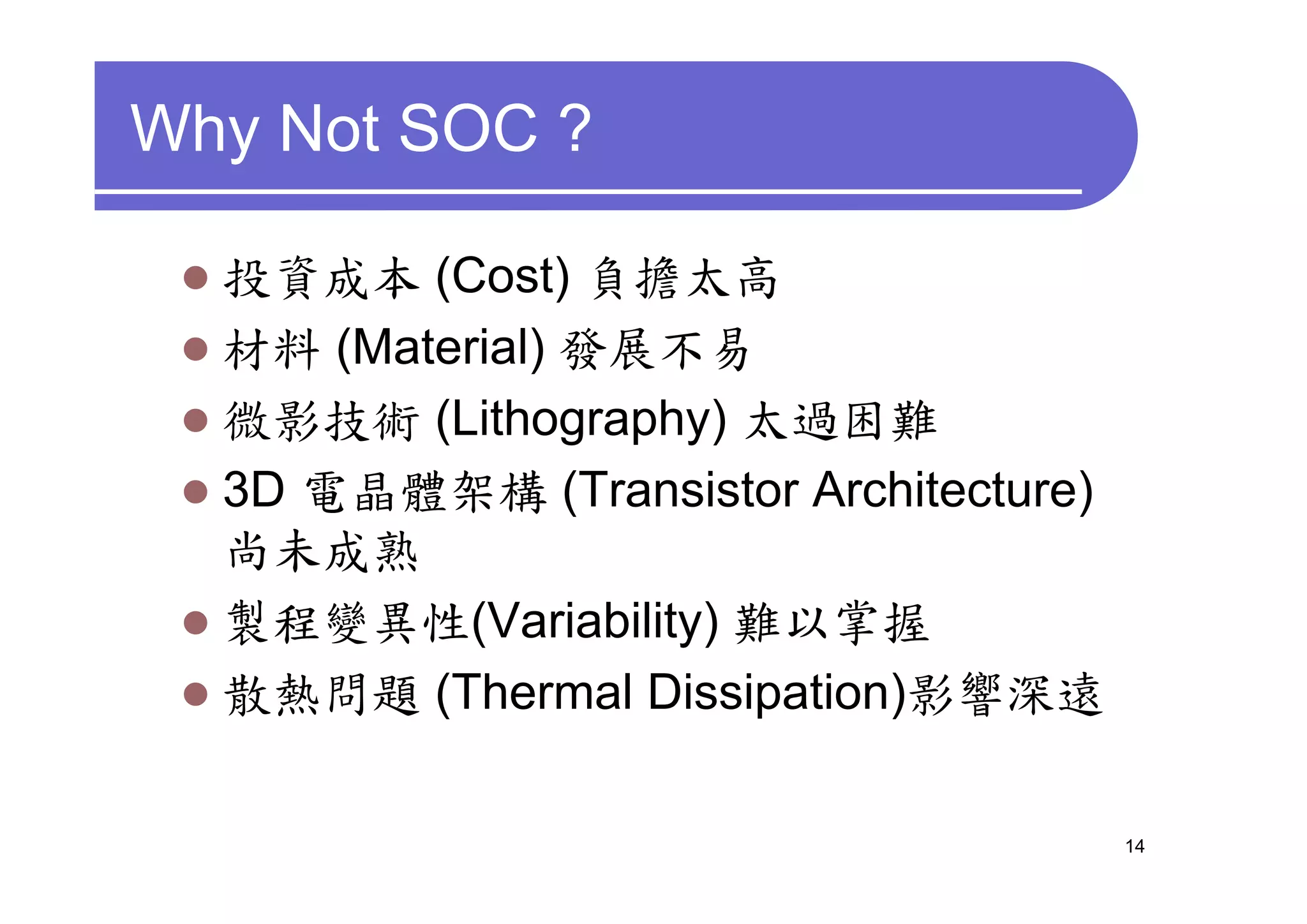 Why Not SOC ?

  投資成本 (Cost) 負擔太高
  材料 (Material) 發展不易
  微影技術 (Lithography) 太過困難
  3D 電晶體架構 (Transistor Architecture)
  尚未成熟
  製程變異性(Variability) 難以掌握
  散熱問題 (Thermal Dissipation)影響深遠

                                       14
 