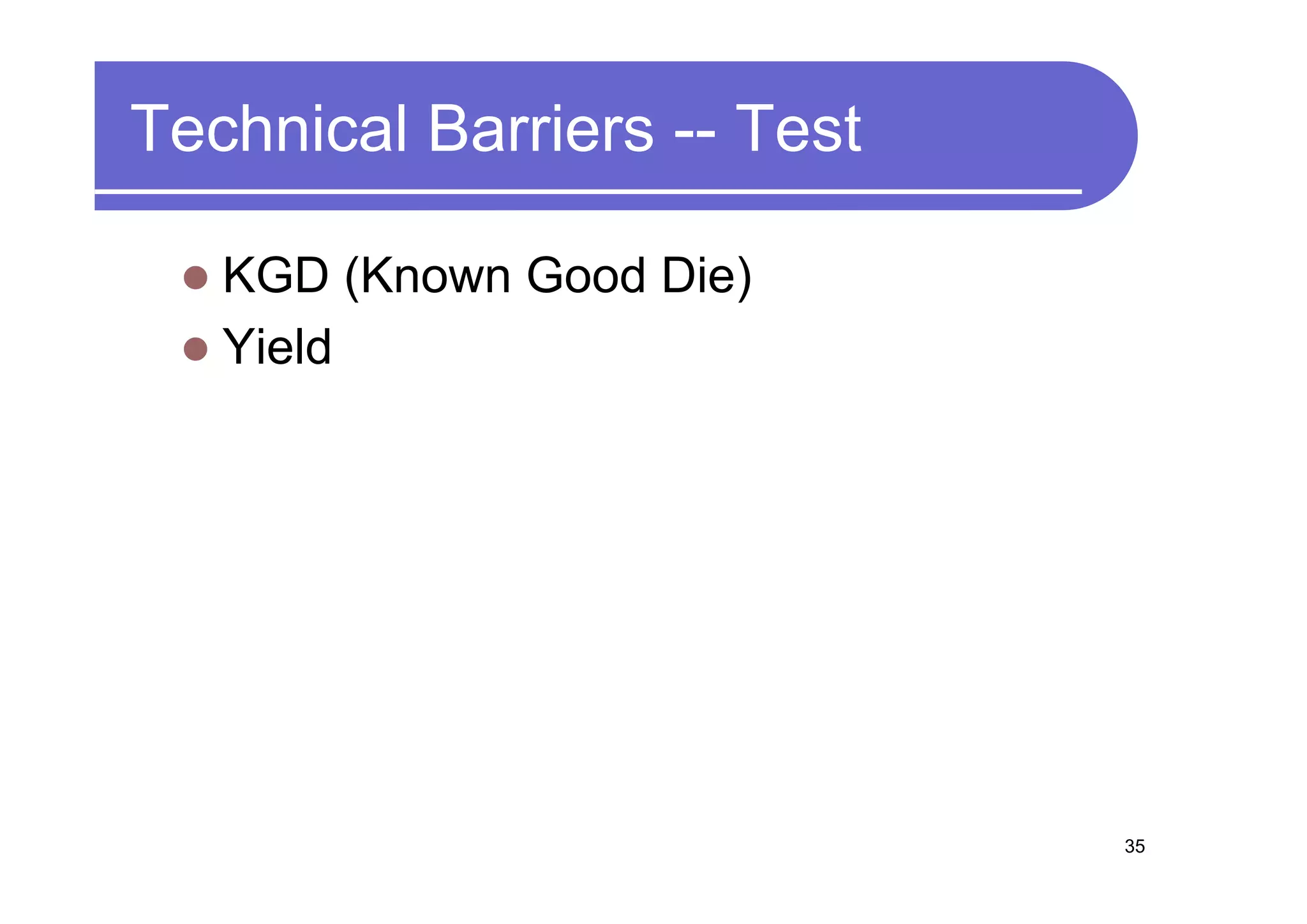 Technical Barriers -- Test

   KGD (Known Good Die)
   Yield




                             35
 