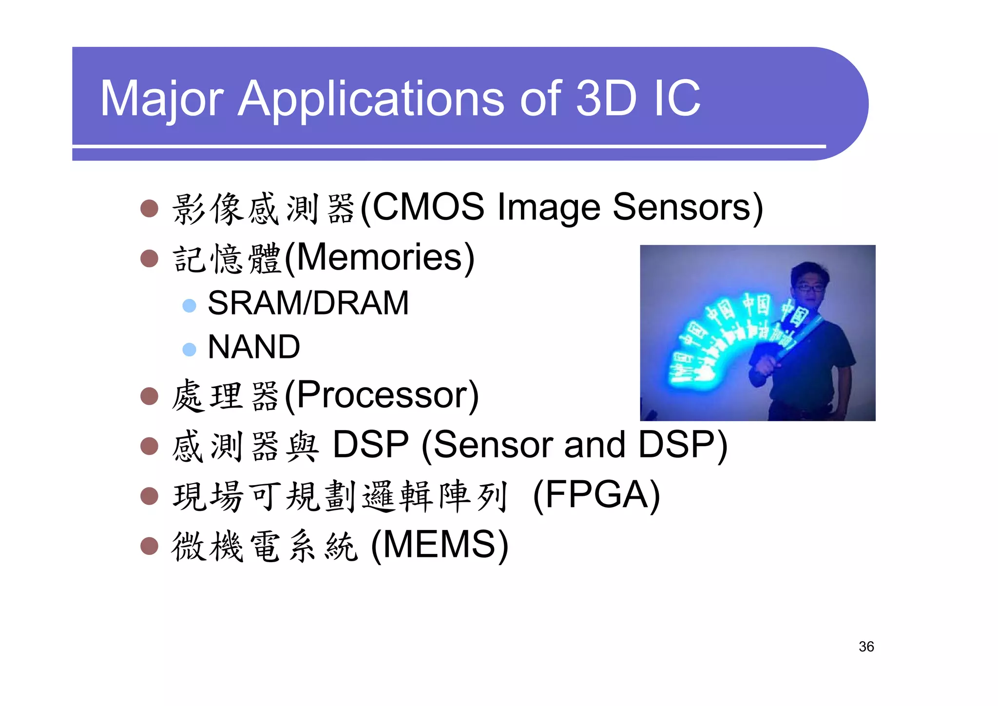 Major Applications of 3D IC

   影像感測器(CMOS Image Sensors)
   記憶體(Memories)
    SRAM/DRAM
    NAND
   處理器(Processor)
   感測器與 DSP (Sensor and DSP)
   現場可規劃邏輯陣列 (FPGA)
   微機電系統 (MEMS)

                               36
 