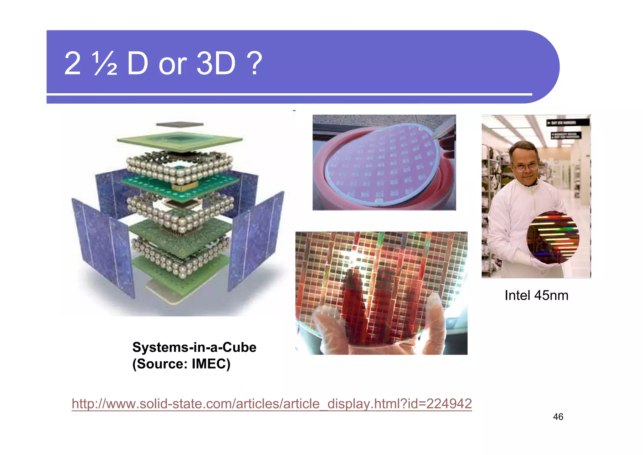 2 ½ D or 3D ?




                                                                     Intel 45nm


         Systems-in-a-Cube
         (Source: IMEC)

http://www.solid-state.com/articles/article_display.html?id=224942
                                                                            46
 