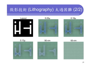 微影技術 (Lithography) 太過困難 (2/2)
    Layout    0.25µ     0.18µ




    0.13µ    90-nm      65-nm




                                21
 