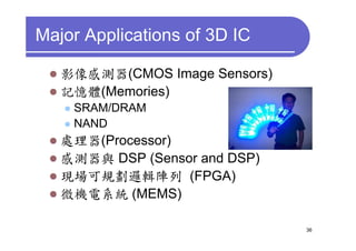 Major Applications of 3D IC

   影像感測器(CMOS Image Sensors)
   記憶體(Memories)
    SRAM/DRAM
    NAND
   處理器(Processor)
   感測器與 DSP (Sensor and DSP)
   現場可規劃邏輯陣列 (FPGA)
   微機電系統 (MEMS)

                               36
 