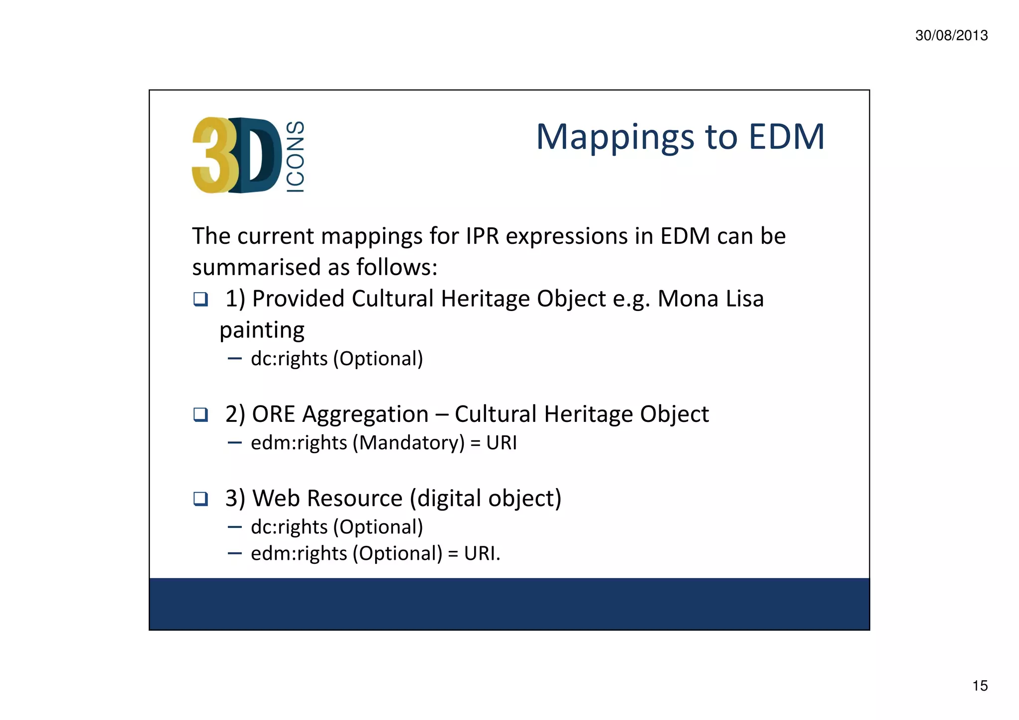 30/08/2013

Mappings to EDM
The current mappings for IPR expressions in EDM can be
summarised as follows:
1) Provided Cultural Heritage Object e.g. Mona Lisa
painting
– dc:rights (Optional)

2) ORE Aggregation – Cultural Heritage Object
– edm:rights (Mandatory) = URI

3) Web Resource (digital object)
– dc:rights (Optional)
– edm:rights (Optional) = URI.

15

 