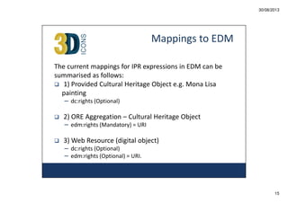 30/08/2013

Mappings to EDM
The current mappings for IPR expressions in EDM can be
summarised as follows:
1) Provided Cultural Heritage Object e.g. Mona Lisa
painting
– dc:rights (Optional)

2) ORE Aggregation – Cultural Heritage Object
– edm:rights (Mandatory) = URI

3) Web Resource (digital object)
– dc:rights (Optional)
– edm:rights (Optional) = URI.

15

 