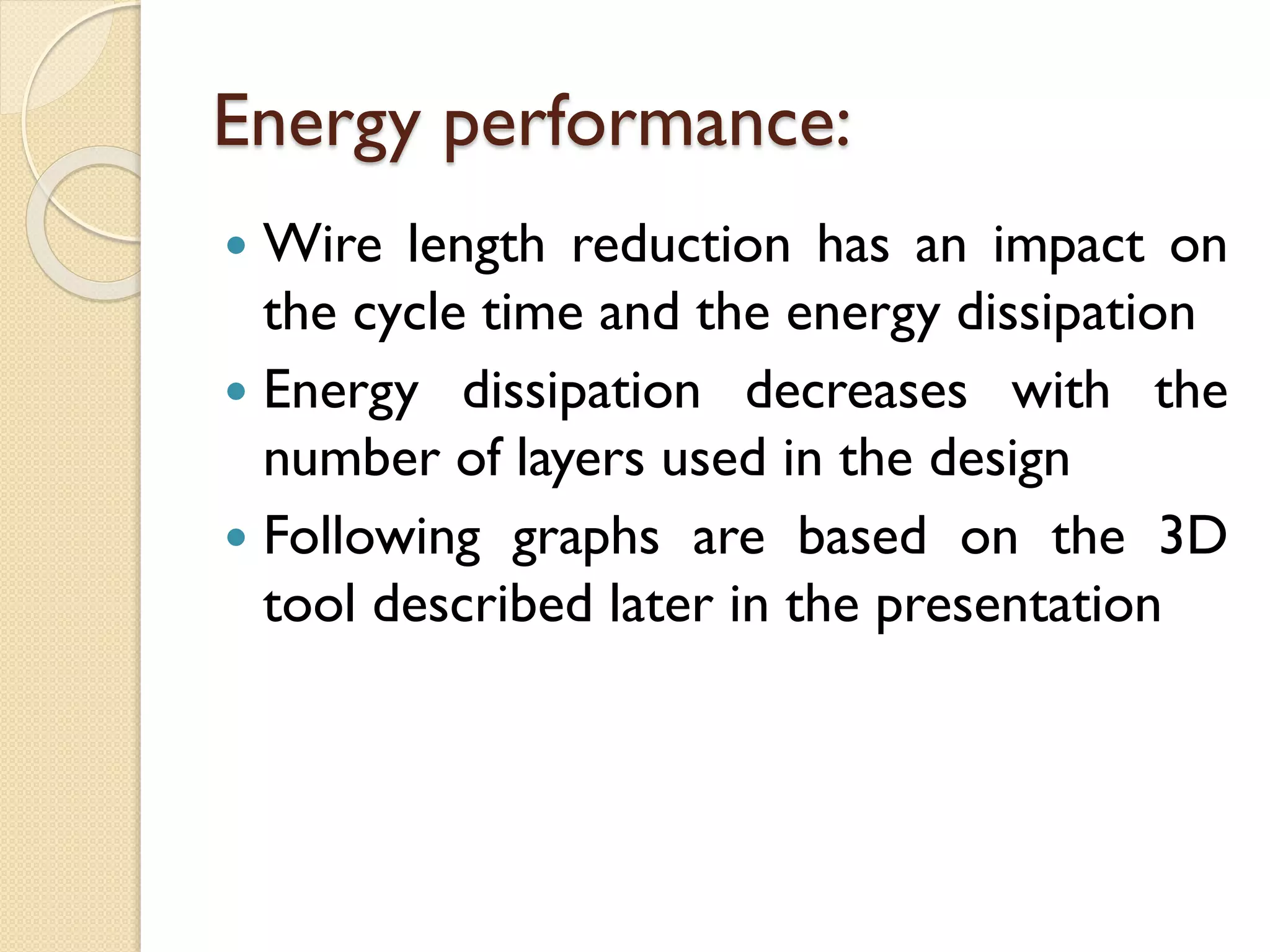 Energy performance:
 Wire length reduction has an impact on
the cycle time and the energy dissipation
 Energy dissipation decreases with the
number of layers used in the design
 Following graphs are based on the 3D
tool described later in the presentation
 