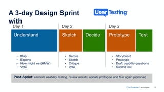 18
A 3-day Design Sprint
with
Understand Sketch Decide Prototype Test
Day 1 Day 2 Day 3
CX at Prudential. 3 techniques.
• Map
• Experts
• How might we (HMW)
• Vote
• Demos
• Sketch
• Critique
• Vote
• Storyboard
• Prototype
• Draft usability questions
• Submit test
Post-Sprint: Remote usability testing, review results, update prototype and test again (optional)
 