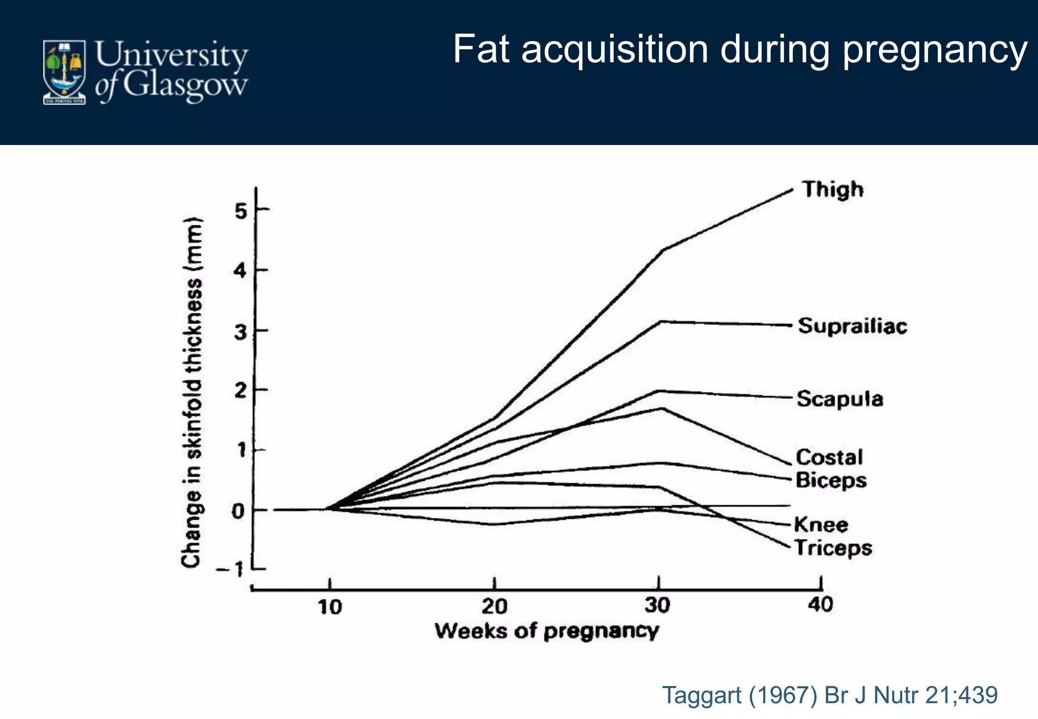 Taggart (1967) Br J Nutr 21;439
Fat acquisition during pregnancy
 
