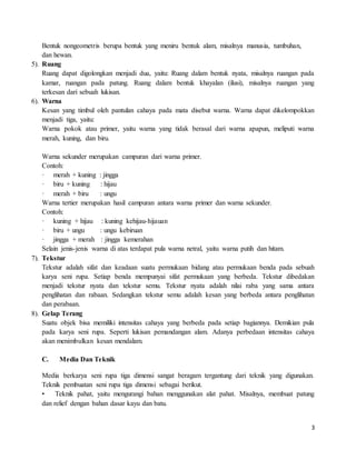 3
Bentuk nongeometris berupa bentuk yang meniru bentuk alam, misalnya manusia, tumbuhan,
dan hewan.
5). Ruang
Ruang dapat digolongkan menjadi dua, yaitu: Ruang dalam bentuk nyata, misalnya ruangan pada
kamar, ruangan pada patung. Ruang dalam bentuk khayalan (ilusi), misalnya ruangan yang
terkesan dari sebuah lukisan.
6). Warna
Kesan yang timbul oleh pantulan cahaya pada mata disebut warna. Warna dapat dikelompokkan
menjadi tiga, yaitu:
Warna pokok atau primer, yaitu warna yang tidak berasal dari warna apapun, meliputi warna
merah, kuning, dan biru.
Warna sekunder merupakan campuran dari warna primer.
Contoh:
· merah + kuning : jingga
· biru + kuning : hijau
· merah + biru : ungu
Warna tertier merupakan hasil campuran antara warna primer dan warna sekunder.
Contoh:
· kuning + hijau : kuning kehijau-hijauan
· biru + ungu : ungu kebiruan
· jingga + merah : jingga kemerahan
Selain jenis-jenis warna di atas terdapat pula warna netral, yaitu warna putih dan hitam.
7). Tekstur
Tekstur adalah sifat dan keadaan suatu permukaan bidang atau permukaan benda pada sebuah
karya seni rupa. Setiap benda mempunyai sifat permukaan yang berbeda. Tekstur dibedakan
menjadi tekstur nyata dan tekstur semu. Tekstur nyata adalah nilai raba yang sama antara
penglihatan dan rabaan. Sedangkan tekstur semu adalah kesan yang berbeda antara penglihatan
dan perabaan.
8). Gelap Terang
Suatu objek bisa memiliki intensitas cahaya yang berbeda pada setiap bagiannya. Demikian pula
pada karya seni rupa. Seperti lukisan pemandangan alam. Adanya perbedaan intensitas cahaya
akan menimbulkan kesan mendalam.
C. Media Dan Teknik
Media berkarya seni rupa tiga dimensi sangat beragam tergantung dari teknik yang digunakan.
Teknik pembuatan seni rupa tiga dimensi sebagai berikut.
• Teknik pahat, yaitu mengurangi bahan menggunakan alat pahat. Misalnya, membuat patung
dan relief dengan bahan dasar kayu dan batu.
 