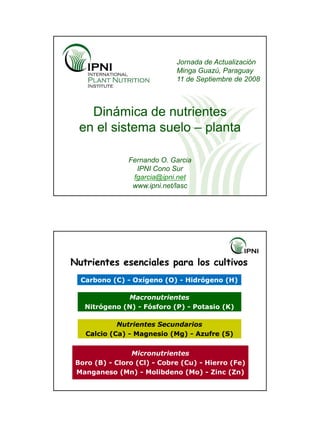 Jornada de Actualización
                             Minga Guazú, Paraguay
                             11 de Septiembre de 2008



    Dinámica de nutrientes
  en el sistema suelo – planta

                Fernando O. Garcia
                  IPNI Cono Sur
                 fgarcia@ipni.net
                 www.ipni.net/lasc




Nutrientes esenciales para los cultivos
  Carbono (C) - Oxígeno (O) - Hidrógeno (H)

              Macronutrientes
   Nitrógeno (N) - Fósforo (P) - Potasio (K)

            Nutrientes Secundarios
   Calcio (Ca) - Magnesio (Mg) - Azufre (S)


                 Micronutrientes
 Boro (B) - Cloro (Cl) - Cobre (Cu) - Hierro (Fe)
 Manganeso (Mn) - Molibdeno (Mo) - Zinc (Zn)
 